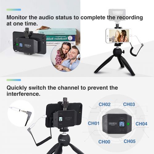  Comica CVM-WS50(C) UHF 6-Channel Wireless Smartphone Microphone, with LCD Screen, Phone Tripod Holder, 194FT Wireless Range, Built-in Rechargeable Battery