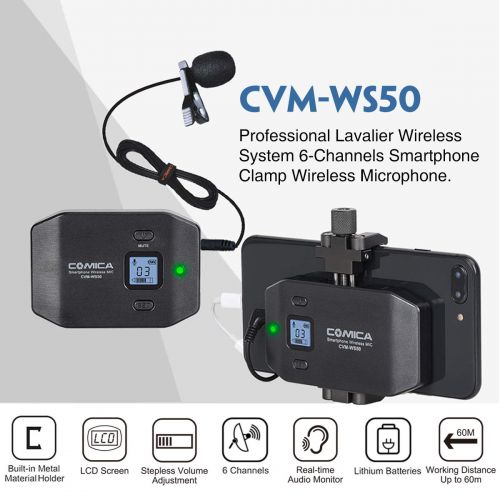  Comica CVM-WS50(C) UHF 6-Channel Wireless Smartphone Microphone, with LCD Screen, Phone Tripod Holder, 194FT Wireless Range, Built-in Rechargeable Battery