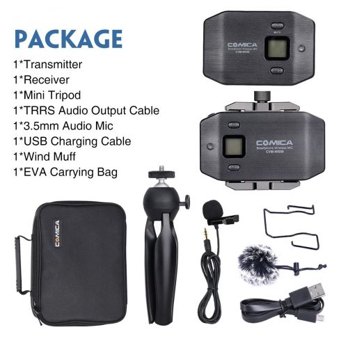  Comica CVM-WS50(C) UHF 6-Channel Wireless Smartphone Microphone, with LCD Screen, Phone Tripod Holder, 194FT Wireless Range, Built-in Rechargeable Battery