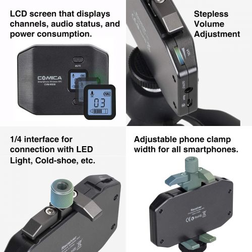  Comica CVM-WS50(C) UHF 6-Channel Wireless Smartphone Microphone, with LCD Screen, Phone Tripod Holder, 194FT Wireless Range, Built-in Rechargeable Battery