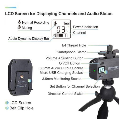  Comica CVM-WS50(C) UHF 6-Channel Wireless Smartphone Microphone, with LCD Screen, Phone Tripod Holder, 194FT Wireless Range, Built-in Rechargeable Battery