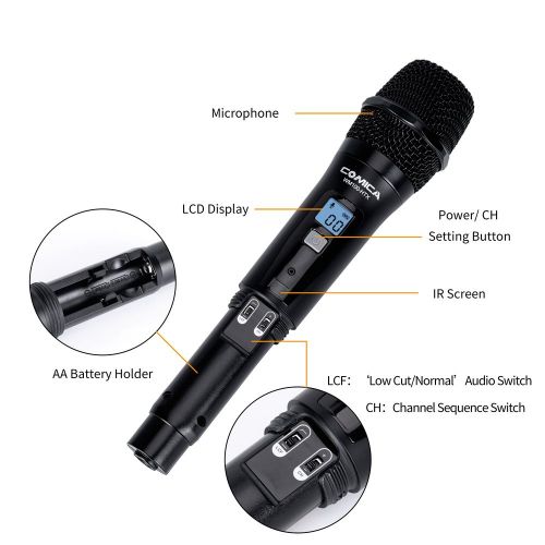  Comica CVM-WM100H 48-Channel UHF Wireless Handheld Microphone 328ft Range 16level VolumeReal-Time Monitor for DSLR Camera Camcorder with Andoer Cleaning Cloth