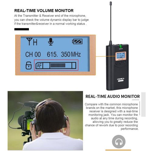  Comica CVM-WM100H 48-Channel UHF Wireless Handheld Microphone 328ft Range 16level VolumeReal-Time Monitor for DSLR Camera Camcorder with Andoer Cleaning Cloth