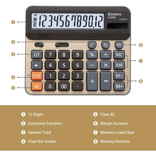  [아마존베스트]Comix Desktop Calculator, Large Computer Keys, 12 Digits Display, Champaign Gold Color Panel, C-2735