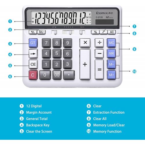  Comix Desktop Calculator Solar Battery Dual Power with 12-Digit Large LCD Display and Large Computer Keys Office Calculator for Home Office School