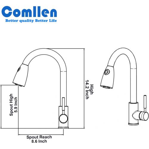  Comllen Commercial Single Handle High Arc Brushed Nickel Pull Out Kitchen Faucet,Single Level Stainless Steel Kitchen Sink Faucets with Pull Down Sprayer Without Deck Plate