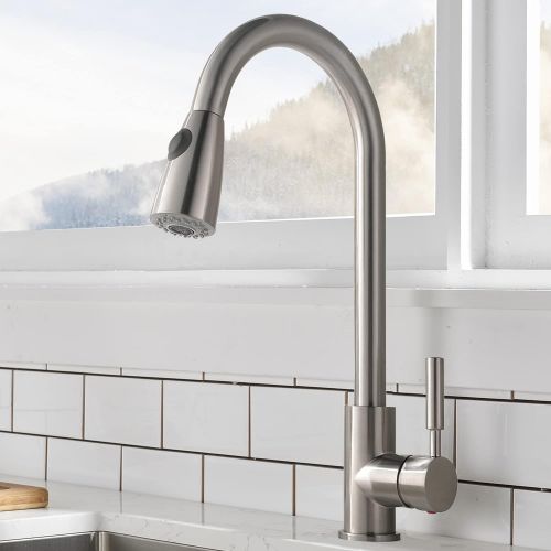  Comllen Commercial Single Handle High Arc Brushed Nickel Pull Out Kitchen Faucet,Single Level Stainless Steel Kitchen Sink Faucets with Pull Down Sprayer Without Deck Plate