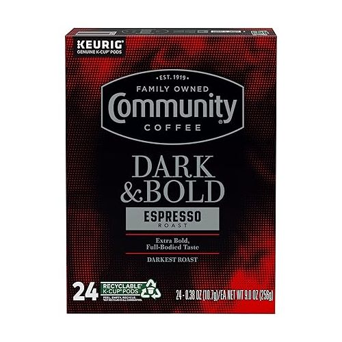  Community Coffee Dark & Bold Espresso Roast 24 Count Coffee Pods, Compatible with Keurig 2.0 K-Cup Brewers, 24 count (Pack of 1)