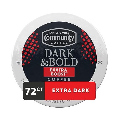  Community Coffee Dark & Bold Exxtra Boost 72 Count Coffee Pods, Compatible with Keurig 2.0 K-Cup Brewers, 12 Count (Pack of 6)