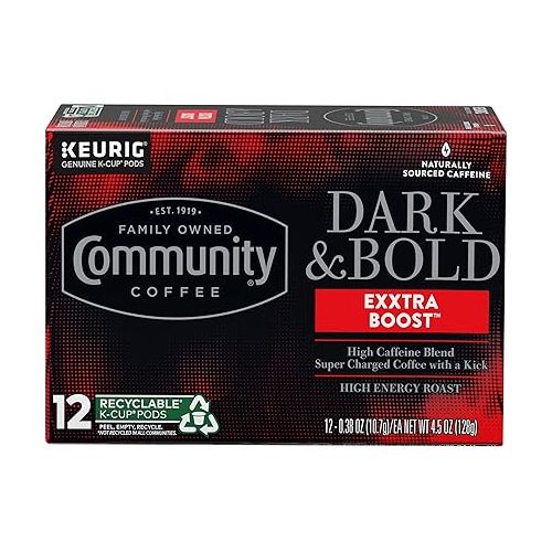  Community Coffee Dark & Bold Exxtra Boost 12 Count Coffee Pods, Compatible with Keurig 2.0 K-Cup Brewers, 12 Count (Pack of 1)