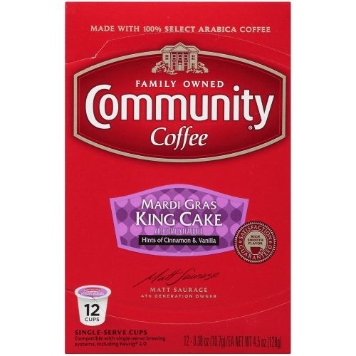  Community Coffee Mardi Gras King Cake Flavored Medium Roast Single Serve (12 Count each), Pack of 6