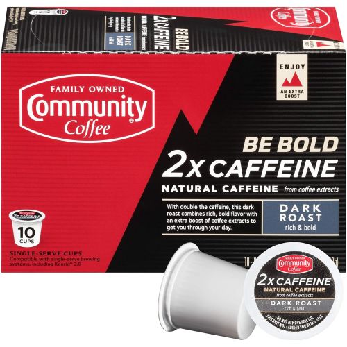  Community Coffee - 2X Caffeine Dark Roast 60 Count (6 Packs of 10) Single Serve Coffee Pods, Compatible with Keurig 2.0 K Cup Brewers