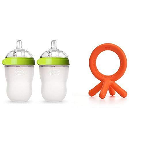  Comotomo Baby Bottle & Teether Set | Green 8oz Double Pack & Orange Teethers