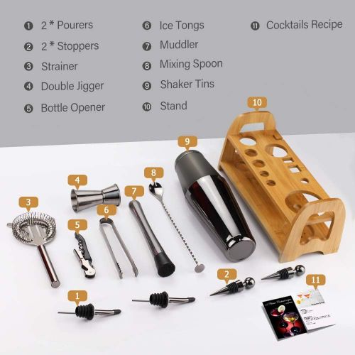  [아마존베스트]Comsmart Bartender Kit, 13 Piece Boston Cocktail Shaker Stainless Steel Bar Set with Shaker Tins,Measuring Jigger, Spoon, Pourers, Muddler, Strainer, Tongs, Bottle Stoppers, Opener, Stand,