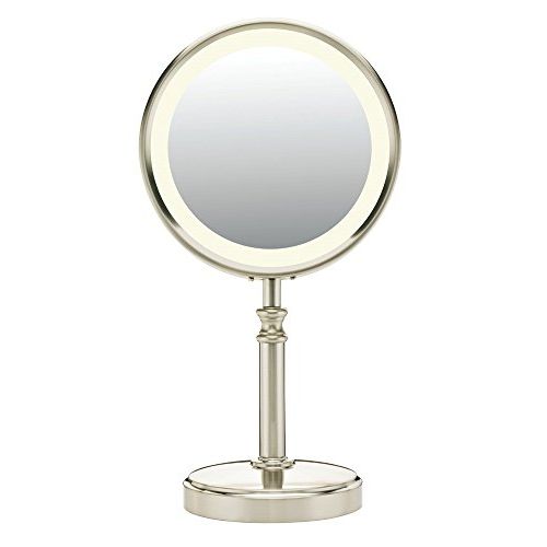  Conair Reflections Double-Sided Fluorescent Lighted Vanity Makeup Mirror, 1x/10x magnification, Satin Nickel