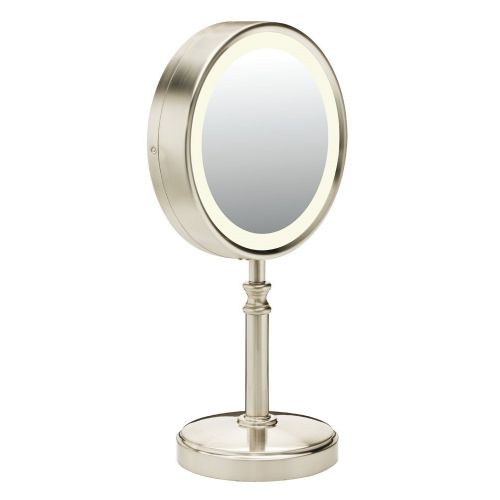  Conair Reflections Double-Sided Fluorescent Lighted Vanity Makeup Mirror, 1x/10x magnification, Satin Nickel