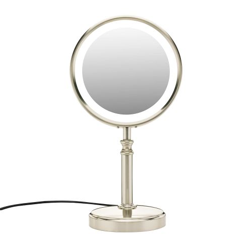  Conair Reflections Double-Sided Fluorescent Lighted Vanity Makeup Mirror, 1x/10x magnification, Satin Nickel