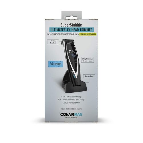  ConairMAN Super Stubble Ultimate Flexhead Trimmer; Razor-Sharp Etched Blade Technology with Pivoting Flex Head; 15 Digital Settings ranging from 0.4mm to 5.0mm; Black - WetDry + L