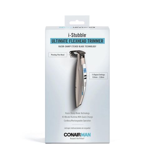  ConairMAN Super Stubble Ultimate Flexhead Trimmer; Razor-Sharp Etched Blade Technology with Pivoting Flex Head; 15 Digital Settings ranging from 0.4mm to 5.0mm; Black - WetDry + L