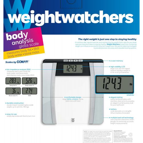  WW Scales by Conair Body Analysis Glass Bathroom Scale - Measures Body Fat, Body Water, BMI, Bone...