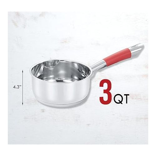  Concord 3 Quart Stainless Steel Saucepan with SIMPLE POUR Vented Glass Lid. Features Dual Pouring Spouts and Volume Marking. Perfect for making Sauces, Jam, Ramen, and more