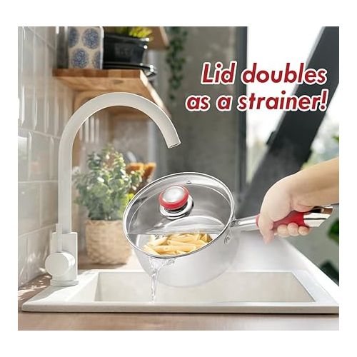  Concord 3 Quart Stainless Steel Saucepan with SIMPLE POUR Vented Glass Lid. Features Dual Pouring Spouts and Volume Marking. Perfect for making Sauces, Jam, Ramen, and more