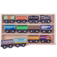 Conductor Carl Playtime Express Train Set | 12-Piece Wooden Train Box | Includes Unique Custom Designs and Classics: Recycling Transport, Timber Train, Wheat Car, Coal Train, Oil T