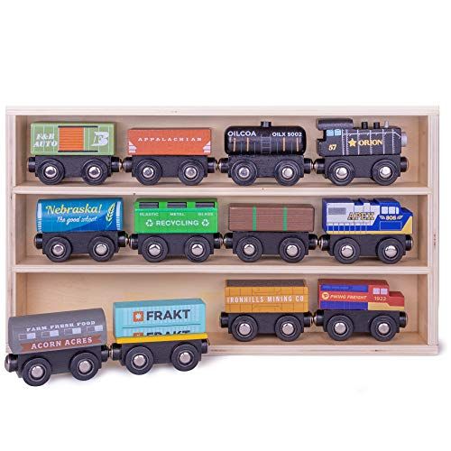  Conductor Carl Playtime Express Train Set | 12-Piece Wooden Train Box | Includes Unique Custom Designs and Classics: Recycling Transport, Timber Train, Wheat Car, Coal Train, Oil T