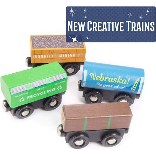  Conductor Carl Playtime Express Train Set | 12-Piece Wooden Train Box | Includes Unique Custom Designs and Classics: Recycling Transport, Timber Train, Wheat Car, Coal Train, Oil T