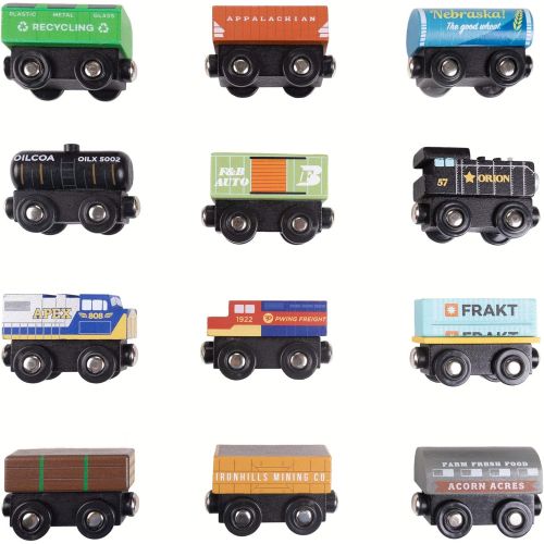  Conductor Carl Playtime Express Train Set | 12-Piece Wooden Train Box | Includes Unique Custom Designs and Classics: Recycling Transport, Timber Train, Wheat Car, Coal Train, Oil T