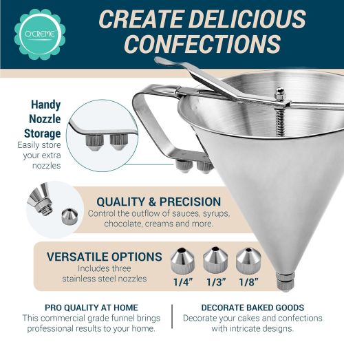  Confectionery Funnel With Stand and Three Nozzles - Stainless Steel Commercial Grade Cake Decorating Tool - Precise Dispensing and Filling - By O’Creme