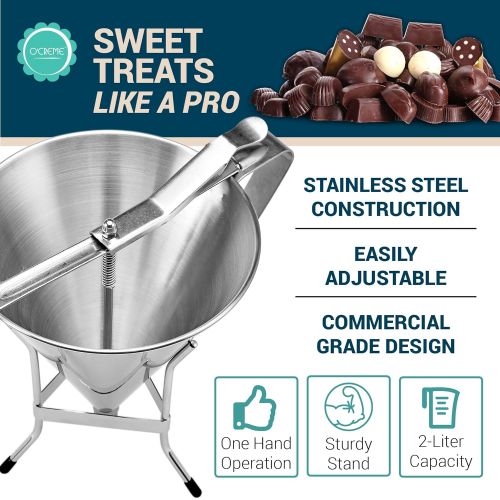  Confectionery Funnel With Stand and Three Nozzles - Stainless Steel Commercial Grade Cake Decorating Tool - Precise Dispensing and Filling - By O’Creme