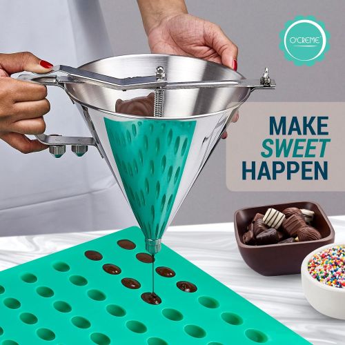  Confectionery Funnel With Stand and Three Nozzles - Stainless Steel Commercial Grade Cake Decorating Tool - Precise Dispensing and Filling - By O’Creme