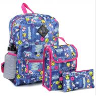 Girls Confetti Emoji 5 Piece Backpack Set. Denim/Emoji Style Print. Pack, Lunch Bag, Pencil Case & More