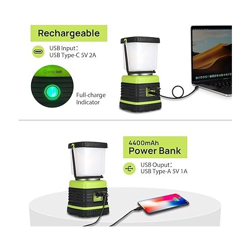  LED Camping Lantern Rechargeable, Consciot Camping Lights, 1000LM, 4 Light Modes, 4400mAh Power Bank, IPX4 Waterproof, Dimmable Tent Lights for Emergency, Power Outages, USB C Cable Included, 2 Pack