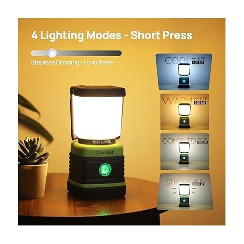  LED Camping Lantern Rechargeable, Consciot Camping Lights, 1000LM, 4 Light Modes, 4400mAh Power Bank, IPX4 Waterproof, Dimmable Tent Lights for Emergency, Power Outages, USB C Cable Included, 2 Pack