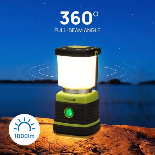  Consciot LED Camping Lantern Rechargeable, Dimmable with 1000LM, 4 Light Modes, 4400mAh Power Bank, IPX4 Water Resistant, Portable for Emergency, Hurricane, Power Outages, USB Cabl