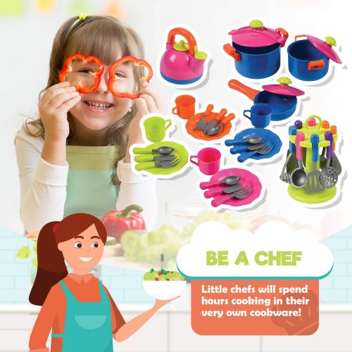  Constructive Playthings Pretend Play Kitchen Utensils Cookware - 38 Pieces Toy Set including Dinnerware
