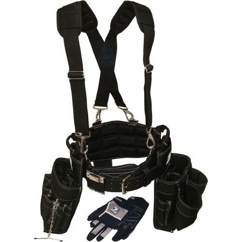  Contractor Pro Gatorback Electricians Combo Deluxe Package (Tool Belt, Suspenders, Gloves, Drill Holster) Ventilated Back Support Belt wSuspenders and Extras. For Electricians, Carpenters, Frame