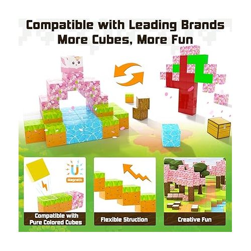  Magnetic Blocks - Build Mine Magnet World Cherry Blossom Set, Magnetic Tiles Building STEM Toys for Boys & Girl Kids Toddler Toys for 3+ Years Old