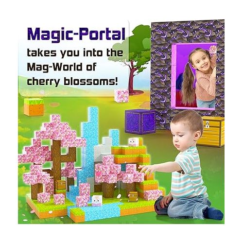  Magnetic Blocks - Build Mine Magnet World Cherry Blossom Set, Magnetic Tiles Building STEM Toys for Boys & Girl Kids Toddler Toys for 3+ Years Old