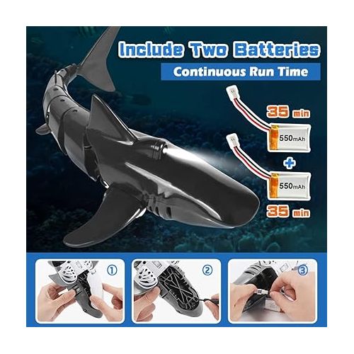  2.4G Remote Control Shark Toy 1:18 Scale High Simulation Shark Shark for Swimming Pool Bathroom Great Gift RC Boat Toys for 6+ Year Old Boys and Girls (with 2 Batteries)