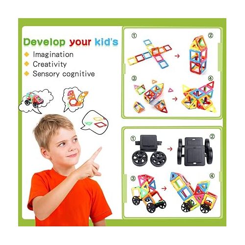  Coodoo Magnetic Tiles with 2 Cars Magnetic Toys for 3 4 5 6 7 8+ Year Old Boys Girls, Magnetic Blocks Building Set for Toddlers STEM Creativity Educational Toys for Kids Age 3-6