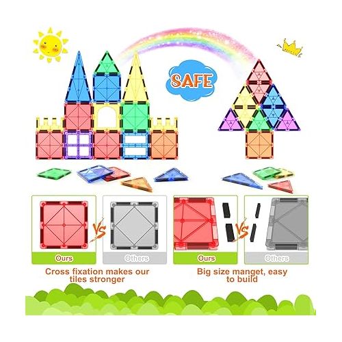  Magnetic Tiles Kids Toys STEM Magnet Toys for Toddler Magnetic Blocks Building Toys Preschool Learning Sensory Montessori Toys for 3+ Year Old Boys and Girls, Safe Creativity Toddler Kids Toys