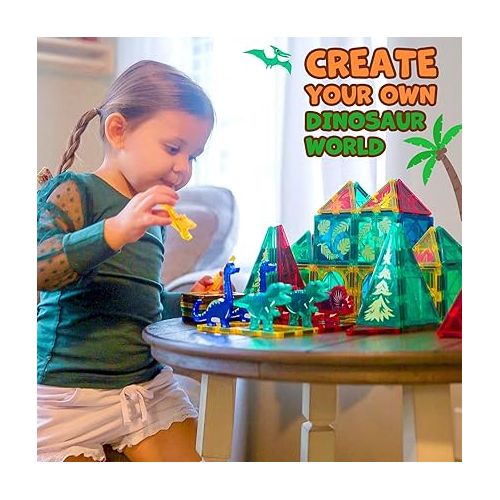  Dinosaur Toys Magnetic Tiles Building Blocks Kids Toys - Dinosaur World STEM Magnet Toys for Toddlers Creative Construction Play for 3+ Year Old Boys Girls Ideal Preschool Learning Sensory Toys