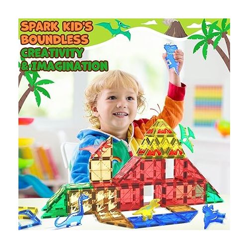  Dinosaur Toys Magnetic Tiles Building Blocks Kids Toys - Dinosaur World STEM Magnet Toys for Toddlers Creative Construction Play for 3+ Year Old Boys Girls Ideal Preschool Learning Sensory Toys