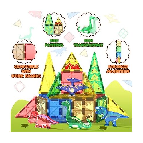  Dinosaur Toys Magnetic Tiles Building Blocks Kids Toys - Dinosaur World STEM Magnet Toys for Toddlers Creative Construction Play for 3+ Year Old Boys Girls Ideal Preschool Learning Sensory Toys