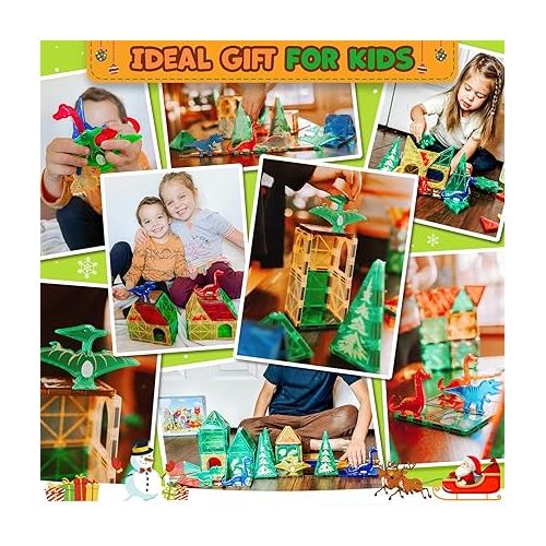  Dinosaur Toys Magnetic Tiles Building Blocks Kids Toys - Dinosaur World STEM Magnet Toys for Toddlers Creative Construction Play for 3+ Year Old Boys Girls Ideal Preschool Learning Sensory Toys