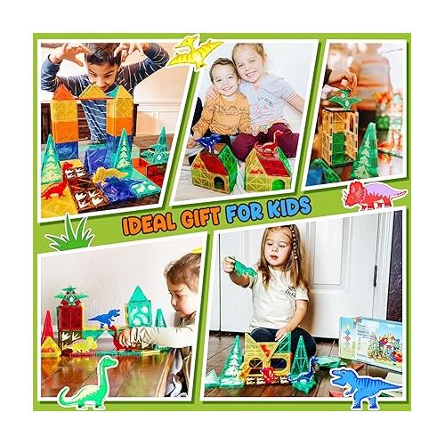  Dinosaur Toys Magnetic Tiles - Magnet Building Blocks for Toddler Kids Toys STEM Sensory Outdoor Toys for 3+ Year Old Boys and Girls, Dinosaur World Creative Games Kids Toys