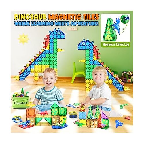  Dinosaur Toys Magnetic Tiles - Magnet Building Blocks for Toddler Kids Toys STEM Sensory Outdoor Toys for 3+ Year Old Boys and Girls, Dinosaur World Creative Games Kids Toys